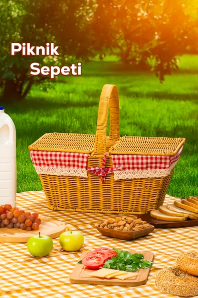 Porsima 2079 Dökdörtgen Hasır Görünümlü Piknik Sepeti Piknik Çantası 42x37cm ürün görseli