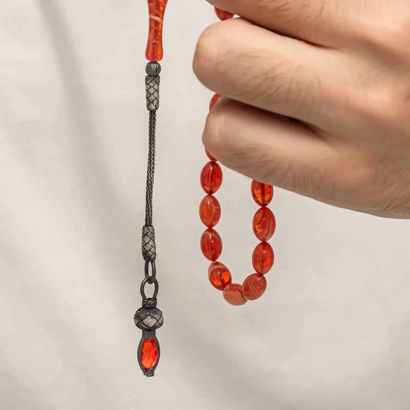 Supertrend Gümüş 1000 Ayar Kazaz Püsküllü Sıkma Kehribar Tesbih - Resim 3