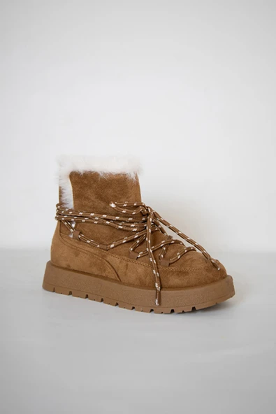 219851141-11 Kadın Yumuşak Rahat Kürklü Bot - Tekstil Süet Kışlık Taba Bot - Resim 4