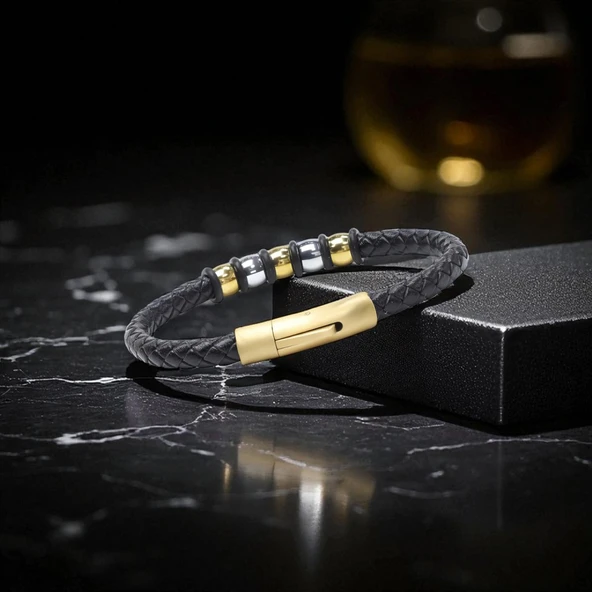 Orijinal Deri ve 316L Altın Tonlu Çelik Erkek Bileklik 31834B21D2 - Resim 4