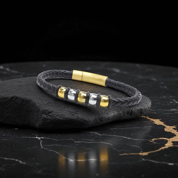 Orijinal Deri ve 316L Altın Tonlu Çelik Erkek Bileklik 31834B21D2 - Resim 3