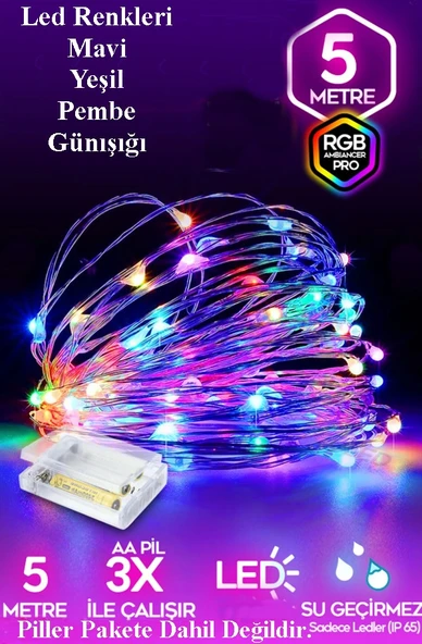 5 Metre Pilli Led Işık Multi Renk, Dekoratif Peri Led Işık, Rgb Karışık Renk - 4 Renkli ürün görseli