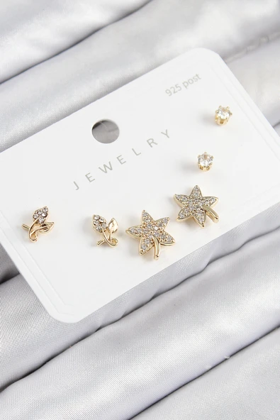 Pirinç Zirkon Taşlı Yıldız Ve Gül Model Gold Renk 925 Ayar Gümüş Çivi Kadın Küpe Set - TJ-BKP11180 ürün görseli