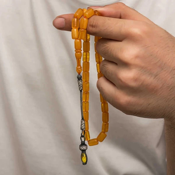 Supertrend Gümüş 1000 Ayar Kazaz Püsküllü Sıkma Kehribar Tesbih - Resim 4