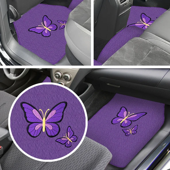 Kelebek Desenli Nakışlı Mor Renk 5’li Oto Halı Paspas Seti - Şık & Dayanıklı Araç İçi Aksesuar ürün görseli