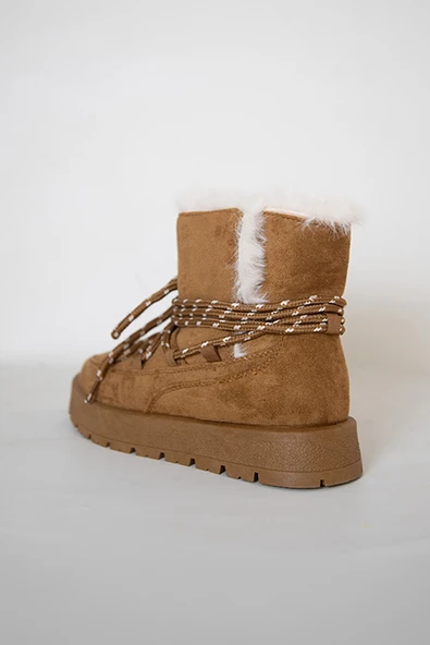 219851141-11 Kadın Yumuşak Rahat Kürklü Bot - Tekstil Süet Kışlık Taba Bot - Resim 5