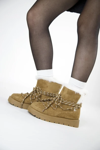 219851141-11 Kadın Yumuşak Rahat Kürklü Bot - Tekstil Süet Kışlık Taba Bot - Resim 3