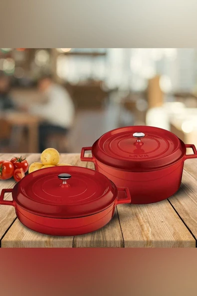 24cm Yuvarlak 28cm Sığ 2li Demir Döküm Tencere Seti Kırmızı ürün görseli