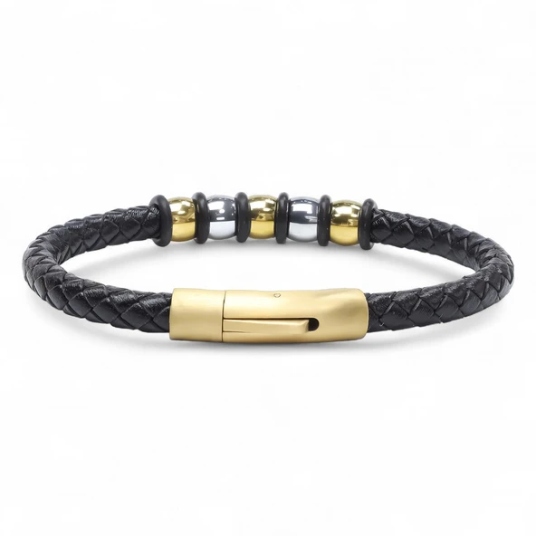 Orijinal Deri ve 316L Altın Tonlu Çelik Erkek Bileklik 31834B21D2 - Resim 6