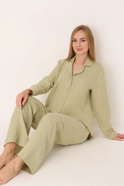 Yeşil Straight Önden Düğmeli Pijama Takım - Resim 3