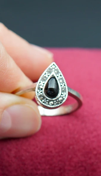 925 Ayar Kadın Gümüş Oltu Taşı Yüzük sy00069 - Resim 4