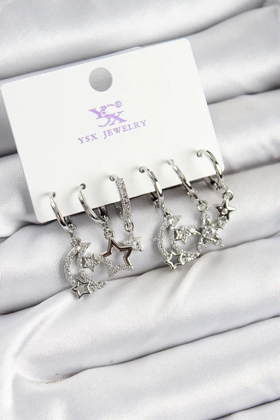 Pirinç Zİrkon Taşlı Ay ve Yıldız Model Gümüş Renk 3'lü Çift Kadın Küpe - TJ-BKP10952 ürün görseli