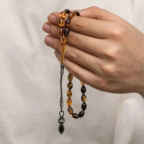 Supertrend Gümüş 1000 Ayar Kazaz Püsküllü Sıkma Kehribar Tesbih - Resim 4