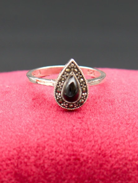 925 Ayar Kadın Gümüş Oltu Taşı Yüzük sy00069 - Resim 2