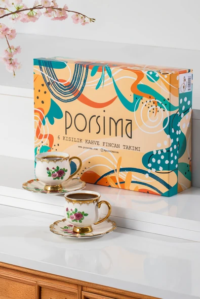 Porsima 3188 Rosemary 12 Parça Yaldızlı Porselen Türk Kahve Fincan Takımı - Resim 3