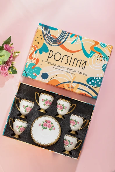 Porsima 3188 Rosemary 12 Parça Yaldızlı Porselen Türk Kahve Fincan Takımı - Resim 2