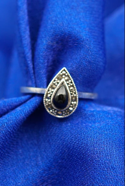 925 Ayar Kadın Gümüş Oltu Taşı Yüzük sy00069 - Resim 3