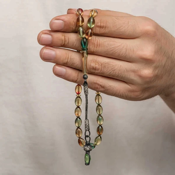 Supertrend Gümüş 1000 Ayar Kazaz Püsküllü Sıkma Kehribar Tesbih ürün görseli 1