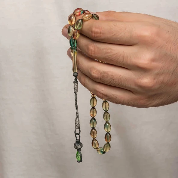 Supertrend Gümüş 1000 Ayar Kazaz Püsküllü Sıkma Kehribar Tesbih - Resim 2