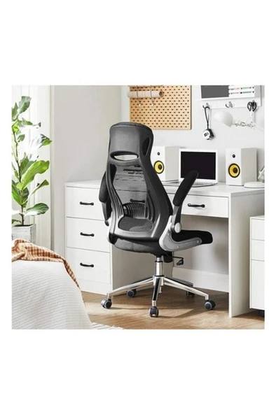 Songmics Ofis Koltuğu, Döner Sandalye, Yönetici Koltuğu, Başlıklı Ofis Döner Koltuğu, Katlanabilir Kolçaklar, Sallanma Fonksiyonu, Siyah Obn86Bk, 64 X 54 X (113-123) Cm Teşhir - 4