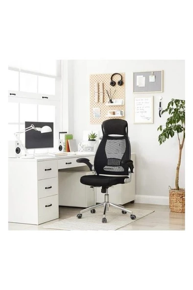 Songmics Ofis Koltuğu, Döner Sandalye, Yönetici Koltuğu, Başlıklı Ofis Döner Koltuğu, Katlanabilir Kolçaklar, Sallanma Fonksiyonu, Siyah Obn86Bk, 64 X 54 X (113-123) Cm Teşhir - 2