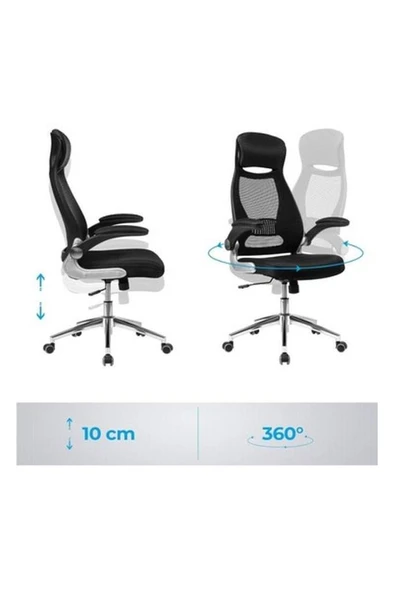 Songmics Ofis Koltuğu, Döner Sandalye, Yönetici Koltuğu, Başlıklı Ofis Döner Koltuğu, Katlanabilir Kolçaklar, Sallanma Fonksiyonu, Siyah Obn86Bk, 64 X 54 X (113-123) Cm Teşhir - 5