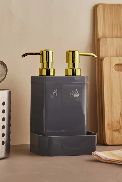 Perotti 13136-1 Marlon Lecce Gold Başlıklı 2li Süngerlik Hazneli Mutfak Sıvı Sabunluk Gri ürün görseli 1