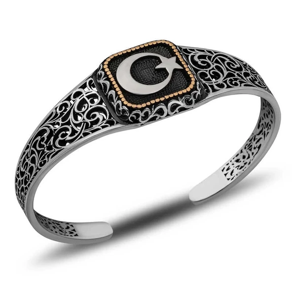 Supertrend Gümüş Ay Yıldız Ayarlanabilir Kelepçe Erkek Bileklik ürün görseli 1