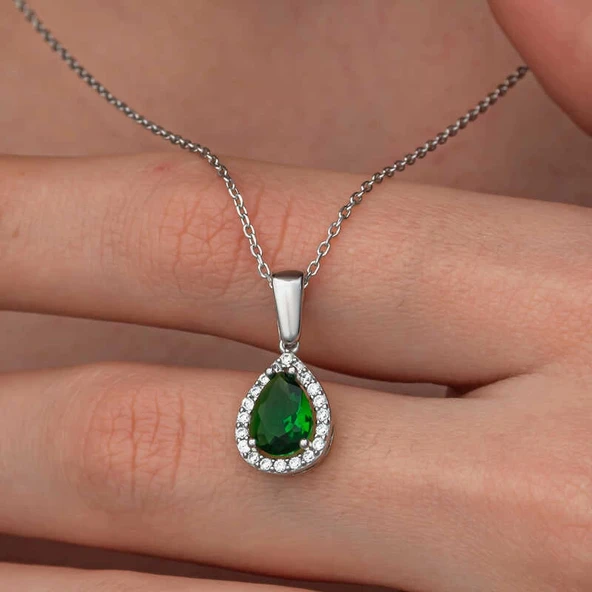 Supertrend Gümüş Damla Zümrüt Taşlı Kadın Kolye - Resim 2