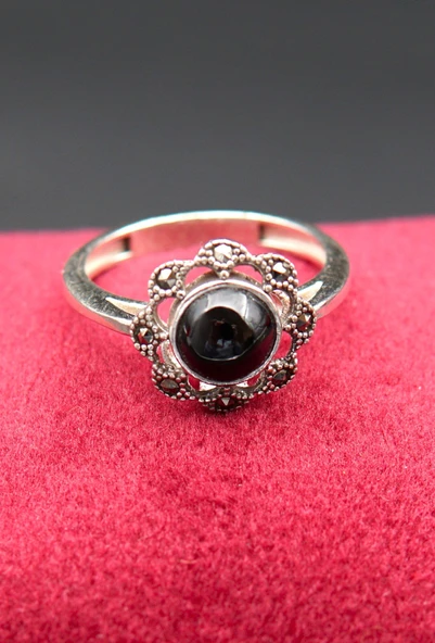 925 Ayar Kadın Gümüş Oltu Taşı Yüzük sy00070 - Resim 2