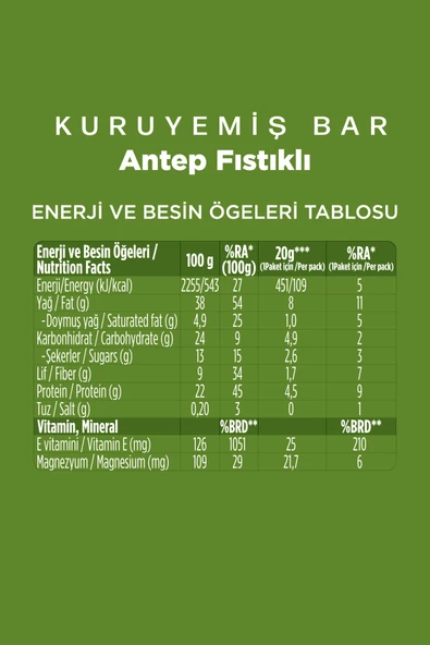 Antep Fıstıklı Kuruyemiş Bar 20g x 12 Adet - 5