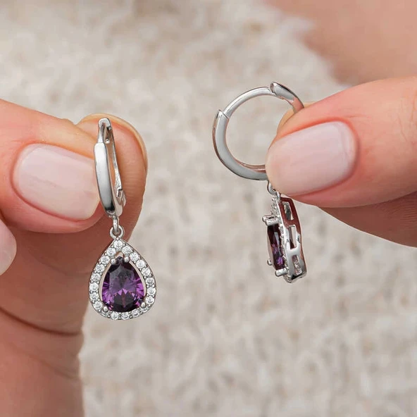 Supertrend Gümüş Mor Zirkon Taşlı Damla Kadın Küpe ürün görseli 1