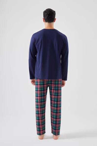 Erkek Pamuklu Göğüs Cepli Lacivert- Kırmızı Ekose Desenli Uzun Kollu Cep Detaylı Pijama Takımı - Resim 2