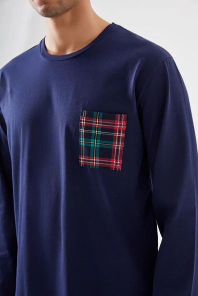 Erkek Pamuklu Göğüs Cepli Lacivert- Kırmızı Ekose Desenli Uzun Kollu Cep Detaylı Pijama Takımı - Resim 3