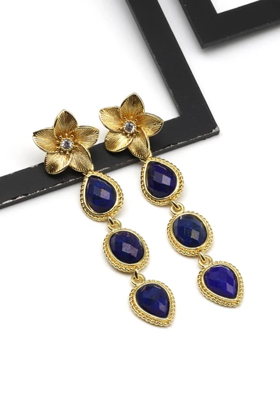 Lapis Lazuli Doğal Taş Sallantılı Küpe - Resim 2