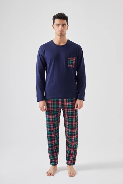 Erkek Pamuklu Göğüs Cepli Lacivert- Kırmızı Ekose Desenli Uzun Kollu Cep Detaylı Pijama Takımı ürün görseli