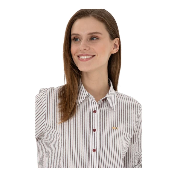 Kadın Bordo Uzun Kollu Çizgili Gömlek - Resim 3