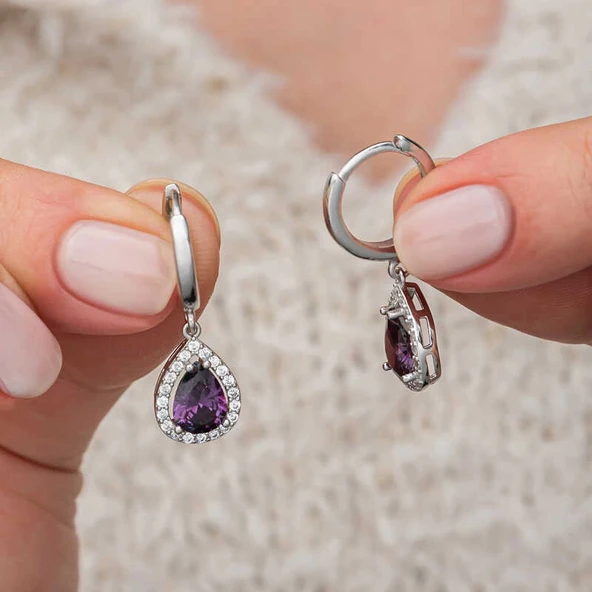 Supertrend Gümüş Mor Zirkon Taşlı Damla Kadın Küpe - Resim 2