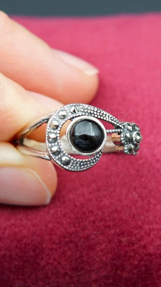 925 Ayar Kadın Gümüş Oltu Taşı Yüzük sy00071 - Resim 4