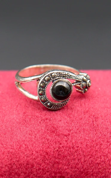 925 Ayar Kadın Gümüş Oltu Taşı Yüzük sy00071 - Resim 2