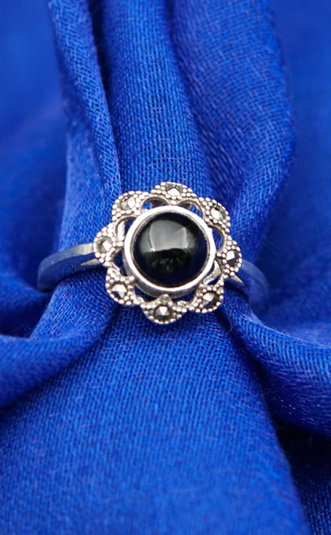 925 Ayar Kadın Gümüş Oltu Taşı Yüzük sy00070 - Resim 3