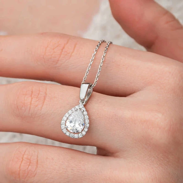 Supertrend Gümüş Damla Beyaz Zirkon Taşlı Kadın Kolye - Resim 5