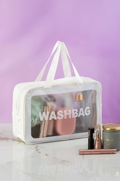 Porsima 3142-1 Şeffaf - Beyaz Seyahat ve Makyaj Çantası Su Geçirmez Organizer Washbag 20x30cm ürün görseli 1