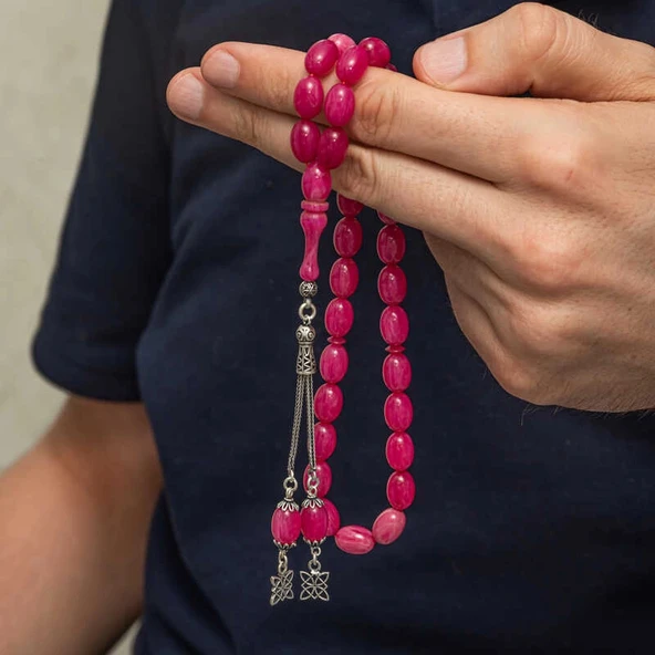 Supertrend Gümüş Püsküllü Pembe Sıkma Kehribar Tesbih - Resim 2