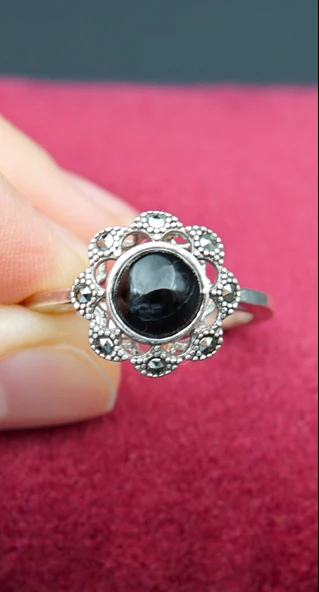 925 Ayar Kadın Gümüş Oltu Taşı Yüzük sy00070 - Resim 4