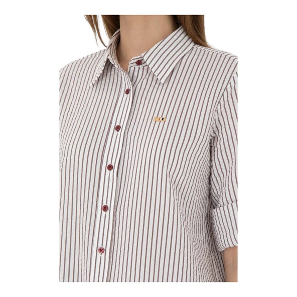 Kadın Bordo Uzun Kollu Çizgili Gömlek - Resim 6