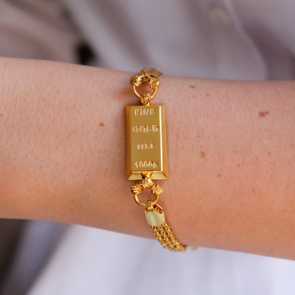 İmitasyon Altın Kaplama Hazır Zincir Desenli  Külçe Bileklik BLK-1152 - Resim 2