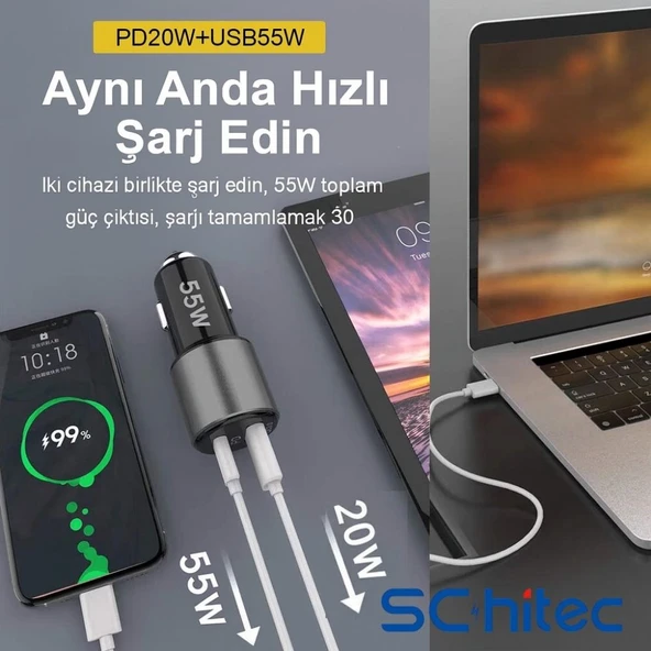 ScHitec Usb-A 55W / PD20W Çift Çıkışlı Süper Hızlı Araç Şarj Aleti Başlığı OT704 - 3
