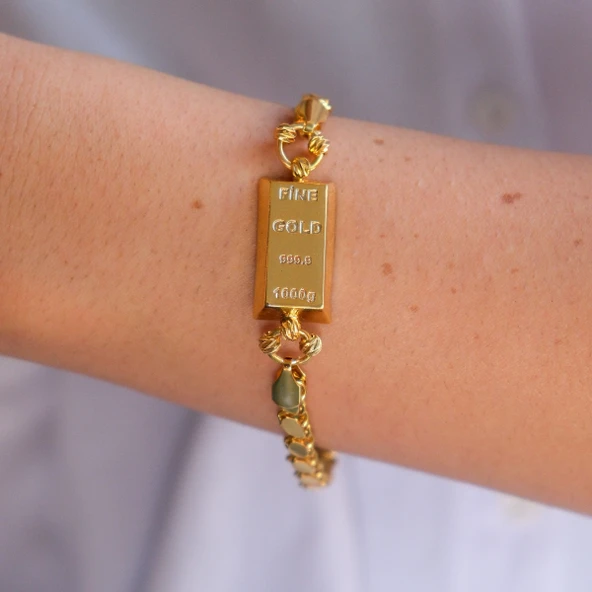 İmitasyon Altın Kaplama Arpa Zincir Desenli Külçe Bileklik BLK-1153 - Resim 2