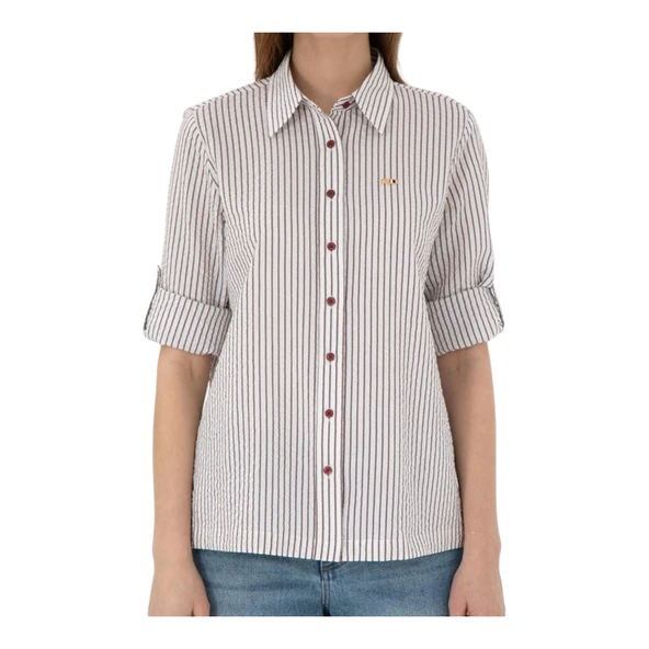 Kadın Bordo Uzun Kollu Çizgili Gömlek - Resim 5